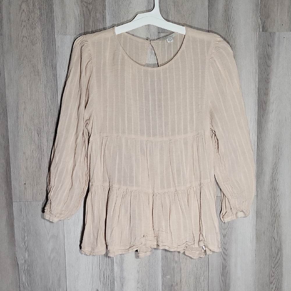 American Eagle Womens L Open Back Blouse Babydoll Tunic Tiered Long Sleeve‎ Boho